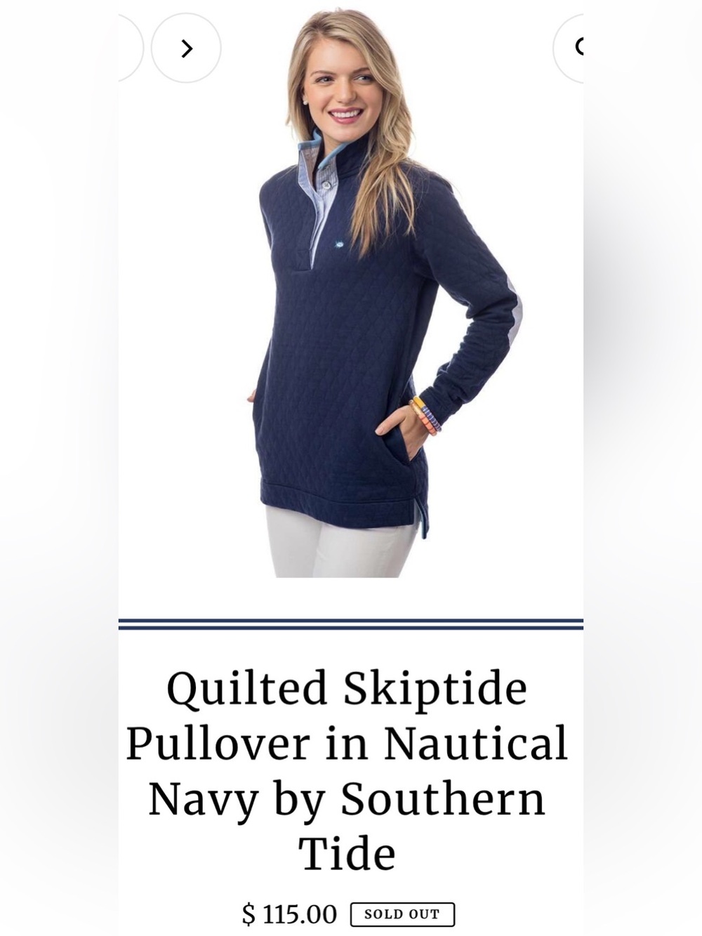 Southern Tide Quilted Skiptide Pullover Size Small Navy Blue Cotton
